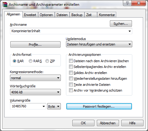 Optionen und Einstellungen von WinRAR